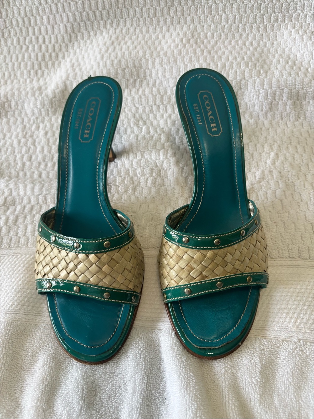 Coach Teal Patent Leather and Natural Woven Sandals Heels with Stud Detail
